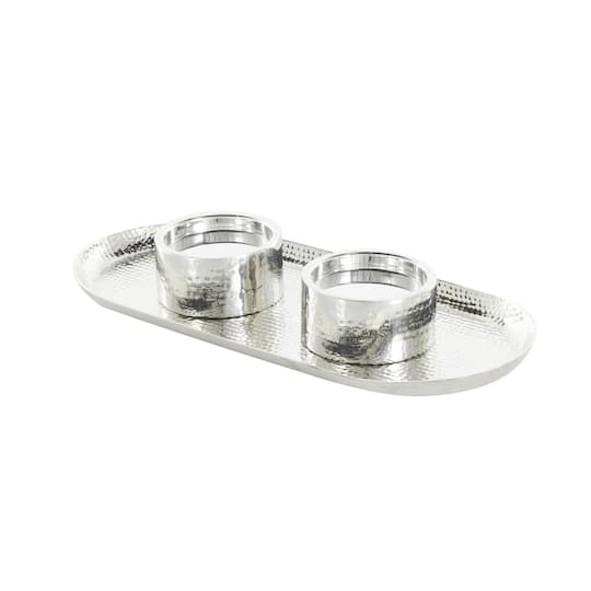 16" Silver Stainless Steel Metal Hammered Candle Holder with Oval Tray Plate